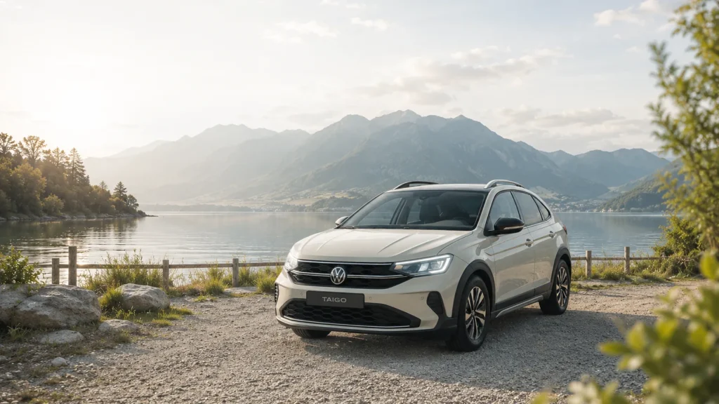 Leasinganegbot für einen ascotgrauen VW Taigo ENERGY. Dieser steht im Vordergrund mit einem See und Bergen um Hintergrund