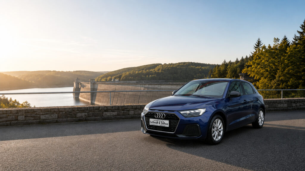 Der blaue Audi A1 Sportback advanced 25 TFSI 70kW (95 PS) S tronic steht neben der Rappbodetalsperre im Harz
