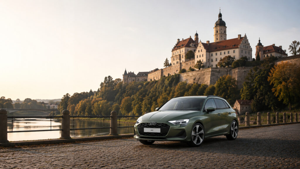 Ein grüner Audi A3 Sportsback steht auf einer Brücke mit dem Bernburger Schloss im Hintergrund
