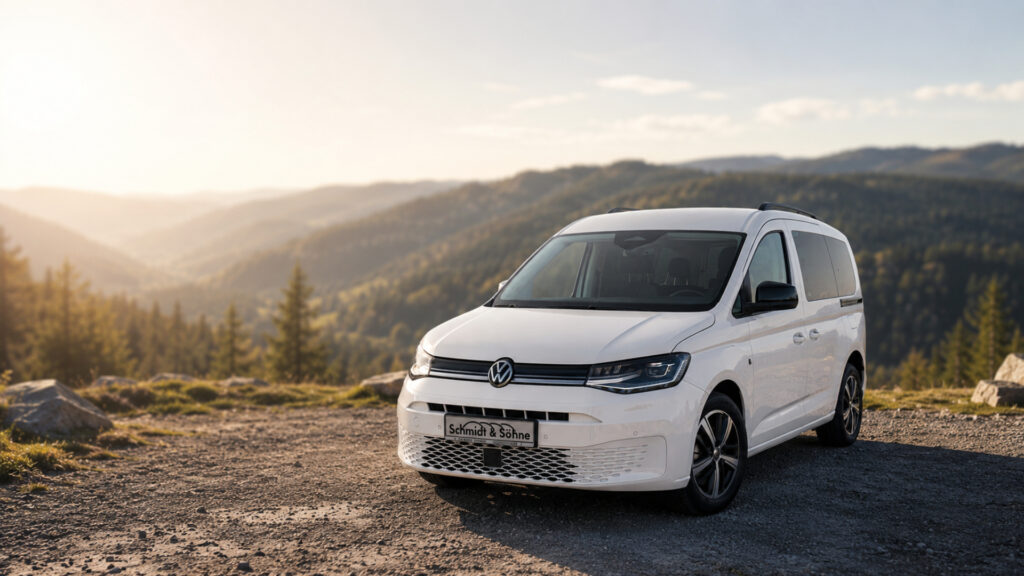 Privates Leasing Angebot für den Volkswagen Nutzfahrzeug Caddy Life ENERGY. Das weiße Auto steht auf einem Schotterweg mit dem Broken Gebirge im Hintergrund