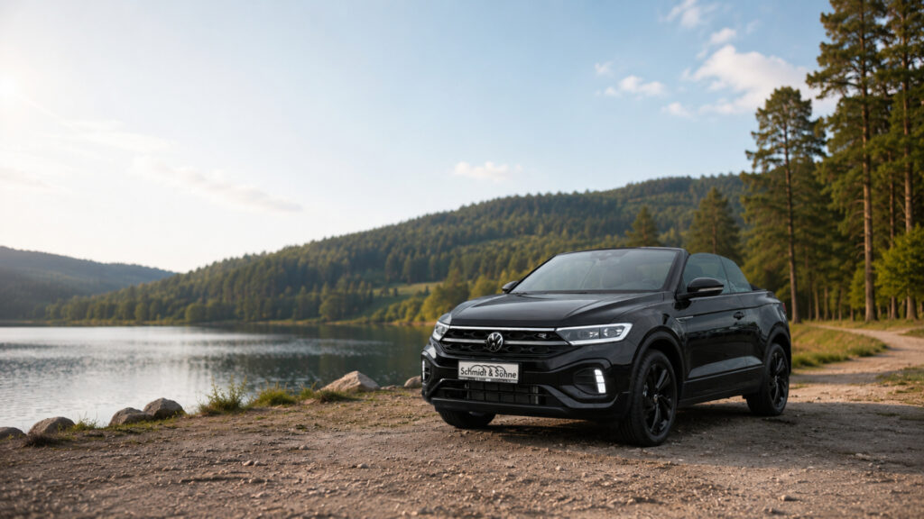 Privat-Leasing-Angebot VW T-Roc Cabriolet. Das Schwarze Auto steht am Ufer eines Sees im Harz