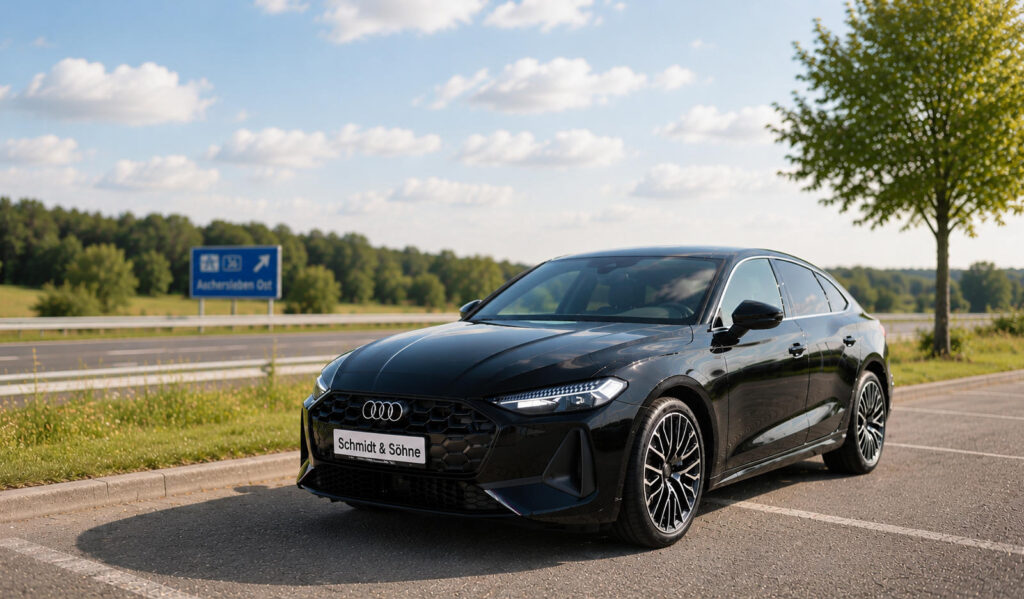 Business-Leasing Angebot für die Audi A5 Limousine e-hybrid. Im Bild ist der schwarze Audi A5 auf einem Rastplatz auf der A36 Nähe Aschersleben-Ost zu sehen.