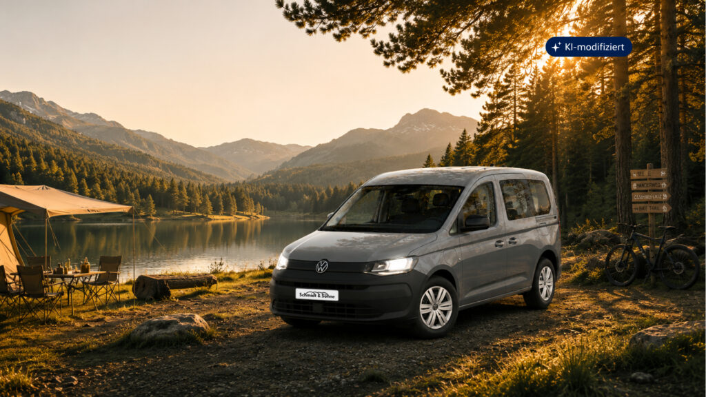 Der neue Caddy Trend eHybrid steht auf einem Campingplatz vor einem See, um ein Privat-Leasingangebot für dieses Modell zu bewerben